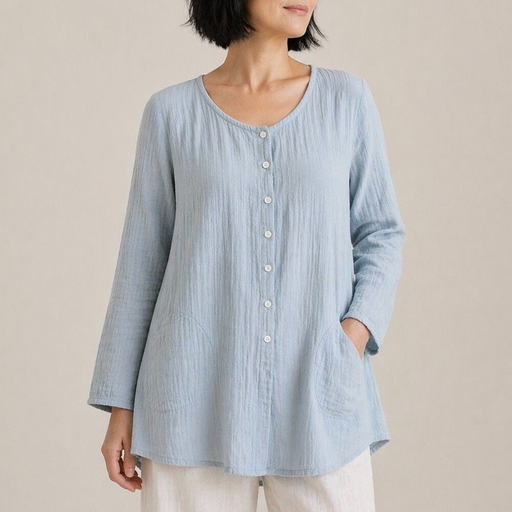 Eileen Fisher Cotton Gauze Button Front Tunic Top Pockets Sz L Blue Minimalist